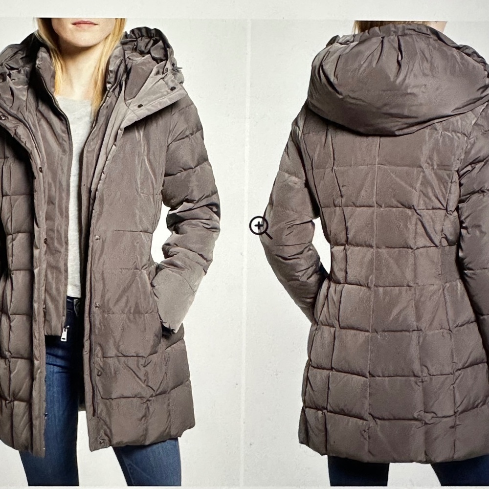 Cole Haan Signature Hooded Down & Feather Puffer Jacket Sz Small Carbon Gray